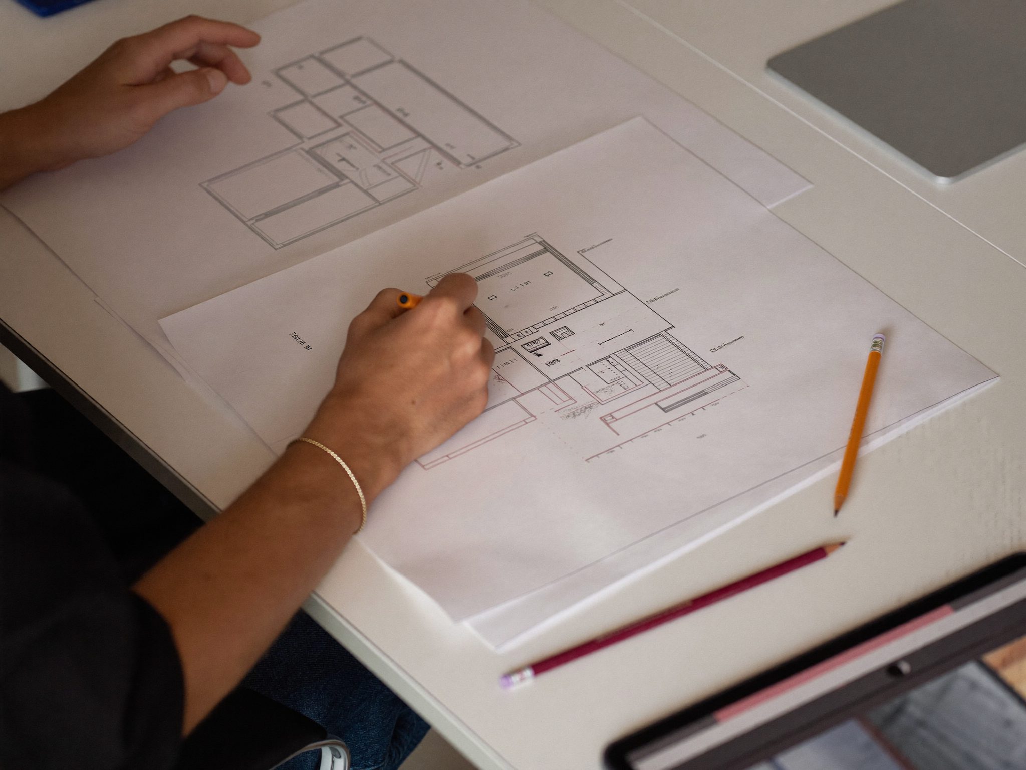 Expert étudiant les plans techniques d'un immeuble collectif