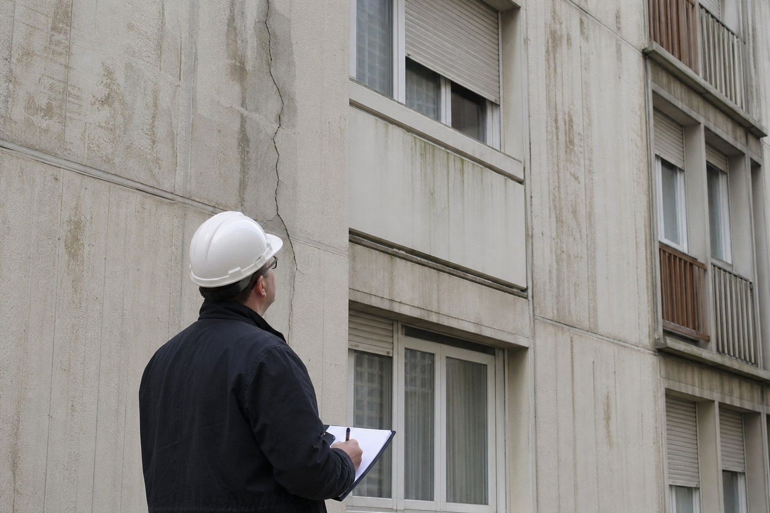 Expert analysant l'état d'une façade et des fissures structurelles